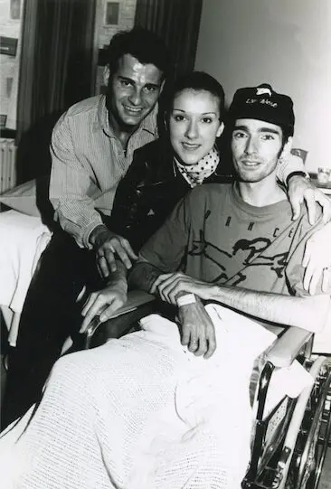 Photo: Céline visiting with the partner of Michel Cloutier, a member of the Gay Globe staff