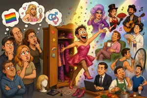 peux tu créer une image drôle et humoristique basée sur ce txte, format paysage, sans utiliser de mots: Mythe ou légende urbaine ? Une perception largement erronéeLa plupart des personnes dans la société croient que les travestis sont tous homosexuels et qu’ils pratiquent cette activité parce qu’ils s’identifient à des femmes. Mythe ou légende urbaine ? Démystifions la question.Définition du travesti : bien plus qu’une idée reçueSouvent entouré de clichés et de confusions, le terme « travesti » désigne une personne qui adopte, de manière ponctuelle ou régulière, des vêtements et des codes esthétiques traditionnellement associés à un autre genre que celui qui lui est attribué à la naissance. Derrière cette définition en apparence simple se cache toutefois une réalité bien plus riche, à la croisée de l’expression personnelle, de la culture et parfois de la performance artistique.Orientation sexuelle et identité de genre : aucune corrélation automatiqueContrairement à une idée largement répandue, le travestissement ne permet pas de déduire ni l’orientation sexuelle ni l’identité de genre d’une personne. Un homme travesti, par exemple, peut être hétérosexuel, homosexuel ou bisexuel, sans que cela ne soit directement lié à sa pratique. De la même manière, il ne s’agit pas nécessairement d’une démarche visant à « devenir » ou à s’identifier à un autre genre dans la vie quotidienne.Une pratique aux multiples formesLe travestissement peut prendre plusieurs formes. Dans certains cas, il s’inscrit dans un cadre artistique ou scénique, notamment dans l’univers du cabaret, du théâtre ou du drag, où l’exagération des traits, des costumes et des attitudes fait partie intégrante de la performance. Dans d’autres situations, il relève d’une démarche plus personnelle, liée au plaisir de jouer avec les codes vestimentaires, d’explorer différentes facettes de soi ou simplement de s’affranchir, temporairement, des normes sociales.Une pratique ancienne et culturelleHistoriquement, le travestissement existe depuis des siècles dans de nombreuses cultures, que ce soit dans les arts, les cérémonies ou certaines traditions populaires. Il a souvent été utilisé comme un outil de contestation des normes de genre, mais aussi comme un espace de liberté individuelle dans des contextes où les rôles étaient strictement définis.Travestissement et transidentité : une distinction essentielleIl est important de distinguer clairement le travestissement de la transidentité. La transidentité renvoie à une réalité intime et durable liée à l’identité de genre, tandis que le travestissement concerne avant tout une expression extérieure, qui peut être temporaire et contextuelle.Existe-t-il un profil sexuel des travestis ?Il n’existe pas de ratio fiable, global et scientifiquement établi entre personnes gays et hétérosexuelles qui pratiqueraient le travestissement. Autrement dit, aucune étude solide ne permet aujourd’hui de dire, de façon générale, « la majorité des travestis sont gays » ou « la majorité sont hétérosexuels ».Ce qu’on sait en revanche, à partir de recherches limitées et de données partielles, c’est que le travestissement — souvent étudié sous l’angle du « cross-dressing » — existe dans des proportions relativement faibles dans la population générale, principalement chez les hommes, et qu’il ne correspond pas à une orientation sexuelle particulière. Certaines études indiquent par exemple qu’environ 2 à 3 % des hommes auraient déjà expérimenté une forme de travestissement à caractère sexuel ou identitaire, mais ces chiffres varient fortement selon les définitions utilisées et les contextes étudiés.Des données difficiles à établir avec précisionLes chercheurs insistent d’ailleurs sur un point clé : il est méthodologiquement difficile d’établir des statistiques robustes, car le travestissement recouvre des réalités très différentes (du vêtement ponctuel à la pratique régulière, du privé à la scène artistique), et reste souvent sous-déclaré.